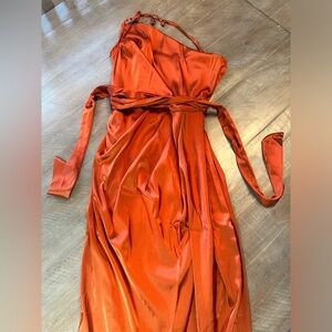 NWT burnt orange one shoulder spaghetti strap belted dress